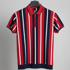 VOGUE Short Sleeve Striped Polo Tee with Zipper  - White, Navy & Red