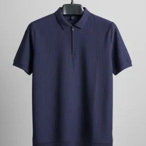 Men's Ribbed Quarter-Zip Polo Shirt - Navy Blue