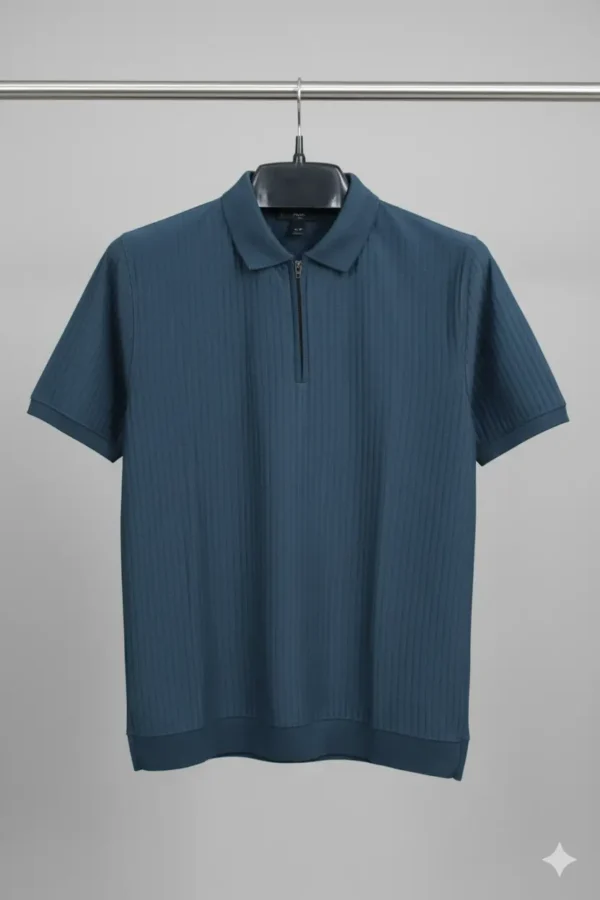 Men's Ribbed Quarter-Zip Polo Shirt - Dark Teal