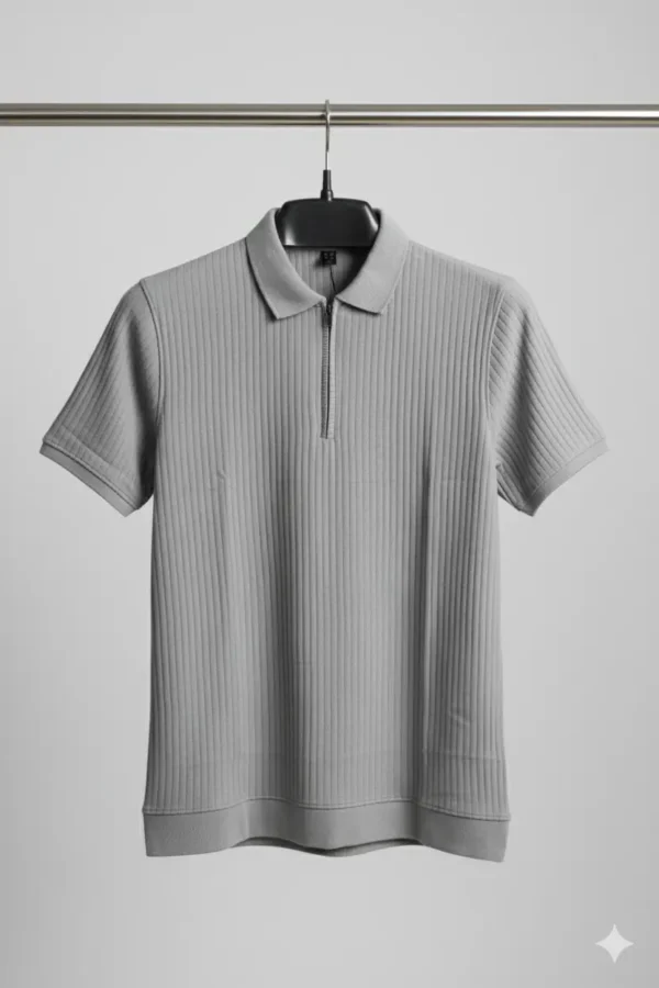 Men's Ribbed Quarter-Zip Polo Shirt - Light Grey