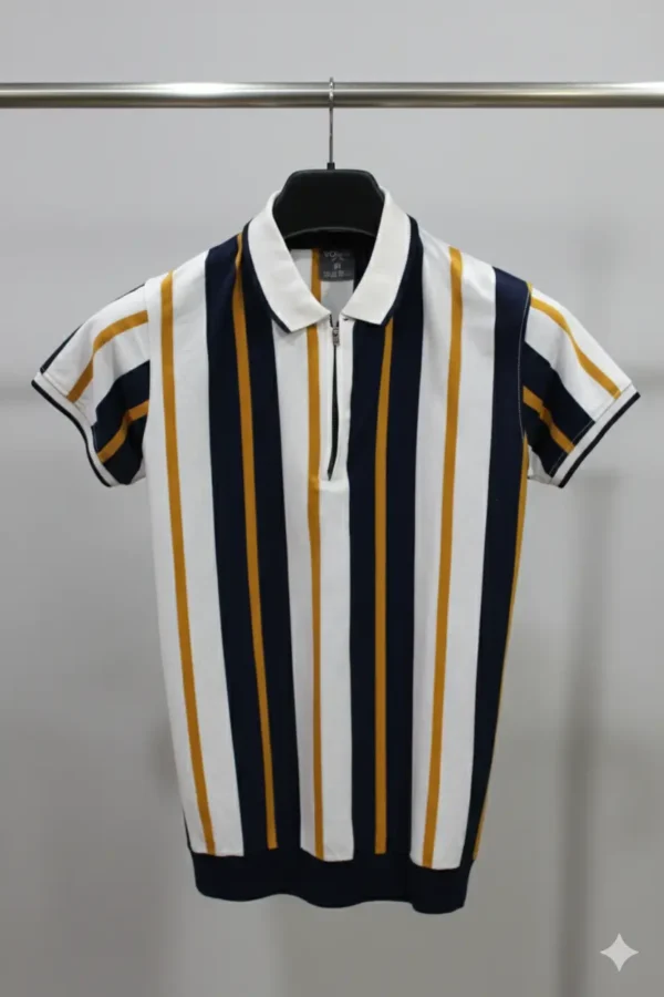 Striped T-Shirt with Polo Neck and Short Sleeves
